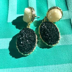 Two Toned black cream Druzy Dangle Earrings
